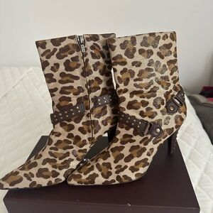 Leopard Print Ankle Boots with Studded Strap - Women
